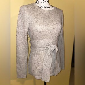 Ann Taylor Crewneck Wool Waist Wrap Tie Sweater Oatmeal Beige Small